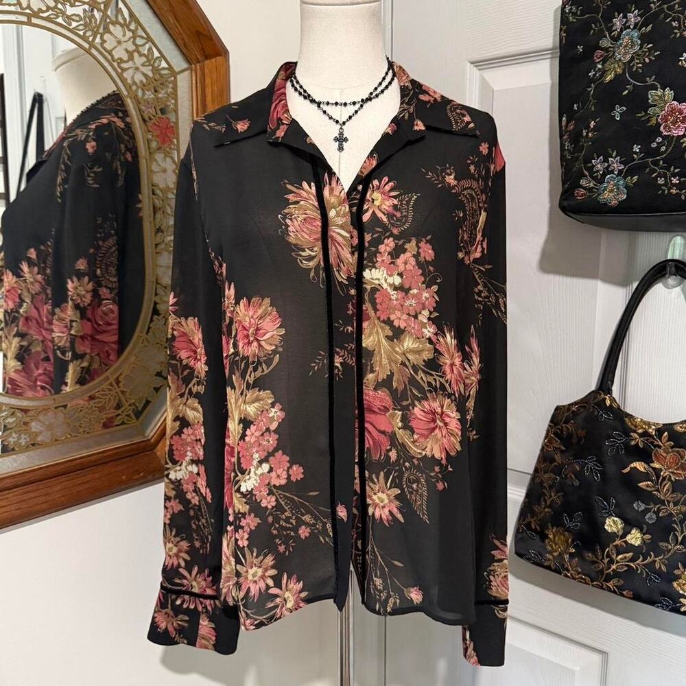 VTG Y2K Emma James Sheer Black Pink Floral Long Sleeve Button Up Dark Femme Top - Picture 3 of 8